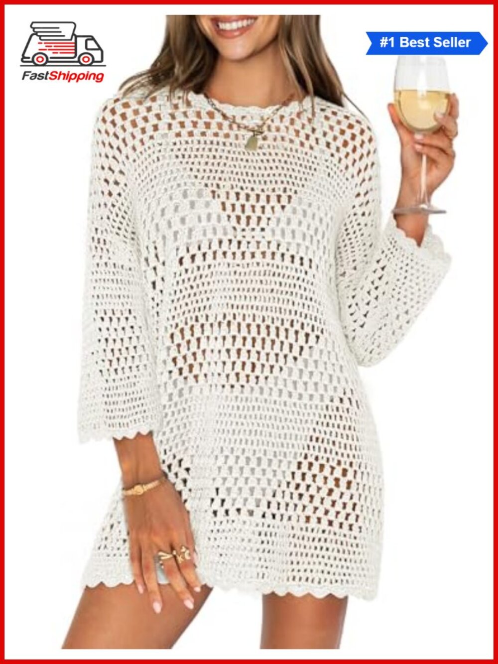 ✨ANRABESS Women Crochet Knit Swim Cover Up Mini Dress 3/4 Sleeve Beach Pool